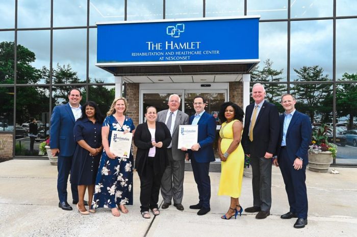 The Hamlet Rehabilitation and Healthcare Center, 100 Southern Blvd., Nesconset recently unveiled their newly-renovated healing center to the community with a ribbon-cutting event that included a tour of the renovated lobby and dining areas.